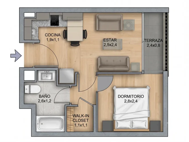 Departamento 1 Dormitorio 1 baño 32 m2 venta con bono pie Santiago Centro