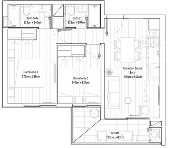 Departamento 2 dormitorios, 2 baños, totales 60,47 m² en La Florida.
