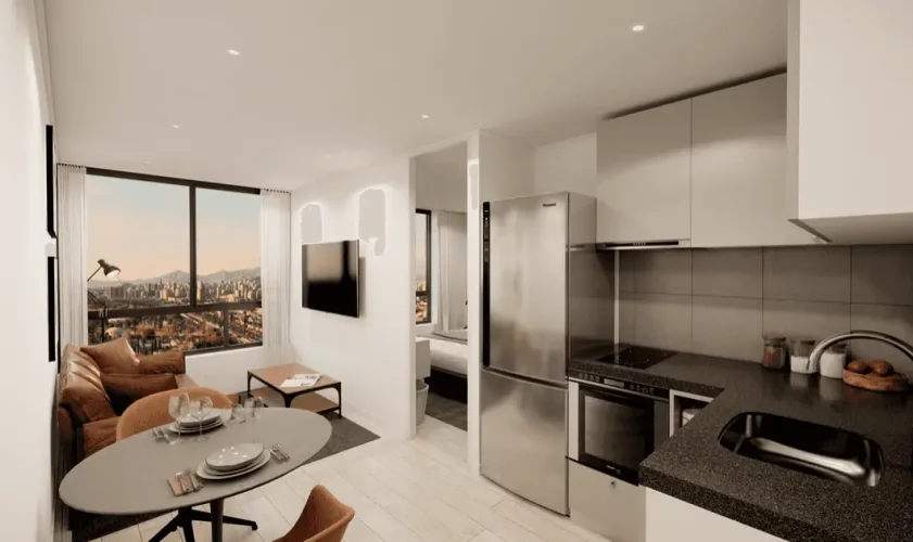 Cocina amoblada mirada living comedor