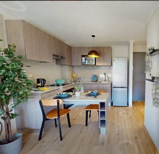 Living comedor cocina con muebles colgantes, mesa en pasillo, entrada departamento.