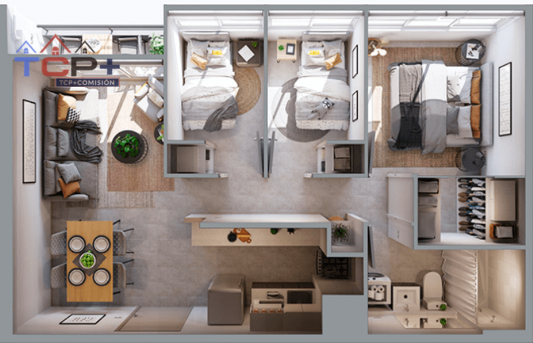 1) Planta 3d 2b Totales 47,78 m2 Terraza 2,24 m2 Interior 46,66 M2