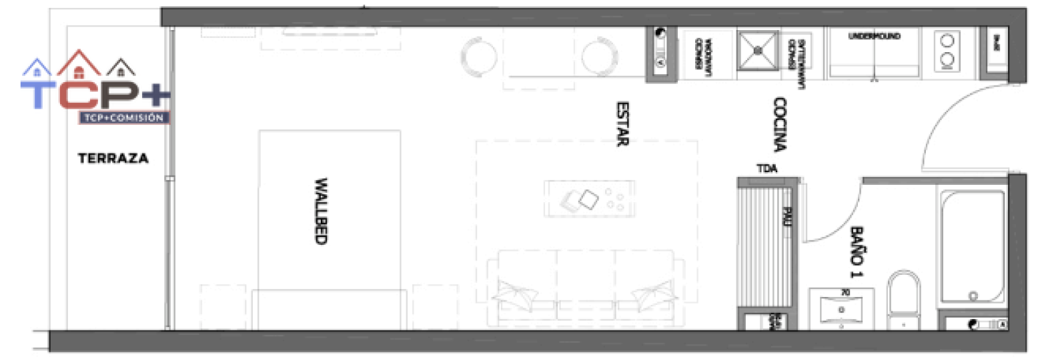 2) Dpto 1D1B Tipo 13 Totales 40,22 m2 Terraza 4,95 m2 Interior 35,27 m2