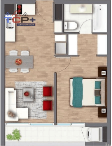 2) Planta 1D1B Tipo B Totales 40,96 m2 Terraza 5,20 m2 Interior 35,76 m2