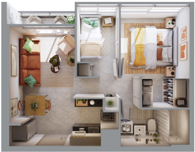 2) Planta 2D1B Totales 39,3 m2 Balcon2,38 m2
