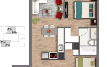 2) Planta 2d2b Tipo C Totales 60,14 m2 Terraza 5,62 m2 Interior 54,52 m2