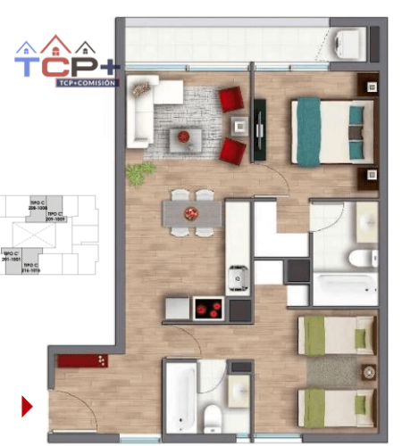 2) Planta 2d2b Tipo C Totales 60,14 m2 Terraza 5,62 m2 Interior 54,52 m2