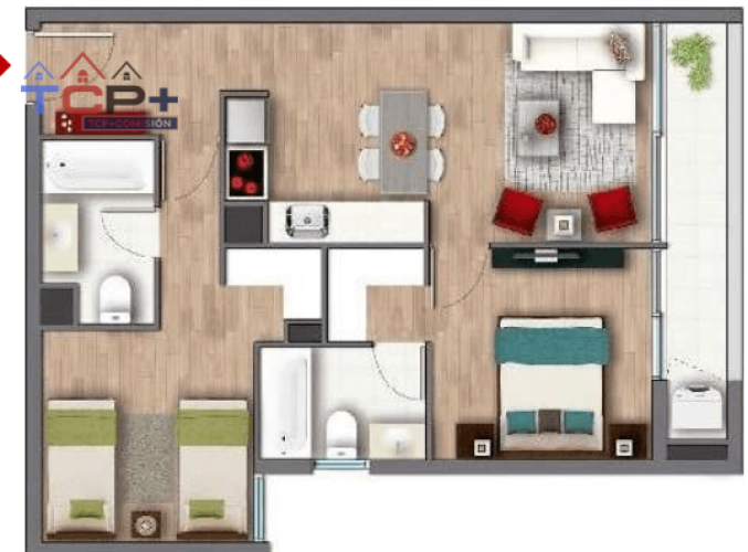 2) Planta 2d2b Tipo E Totales 59,58 m2 Terraza 5,72 m2 Interior 53,86 m2