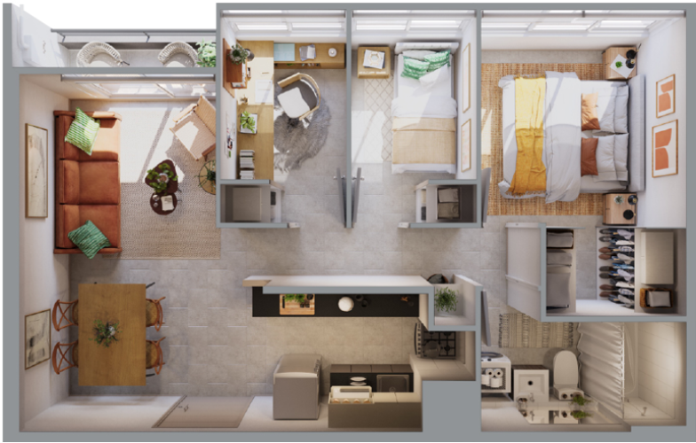 2) Planta 3D1B Totales 47,9 m2 Balcon 2,38 m2