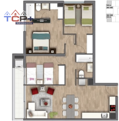 2) Planta 3d2b Tipo A Totales 79,27 m2 Terraza 5,50 m2 Interior 73,77 m2