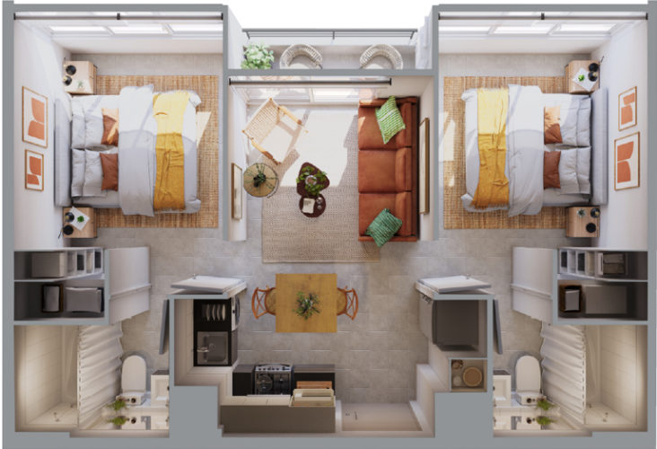 2) Planta Mariposa 2D2B Totales 44,3 m2 Balcon 2,28 m2