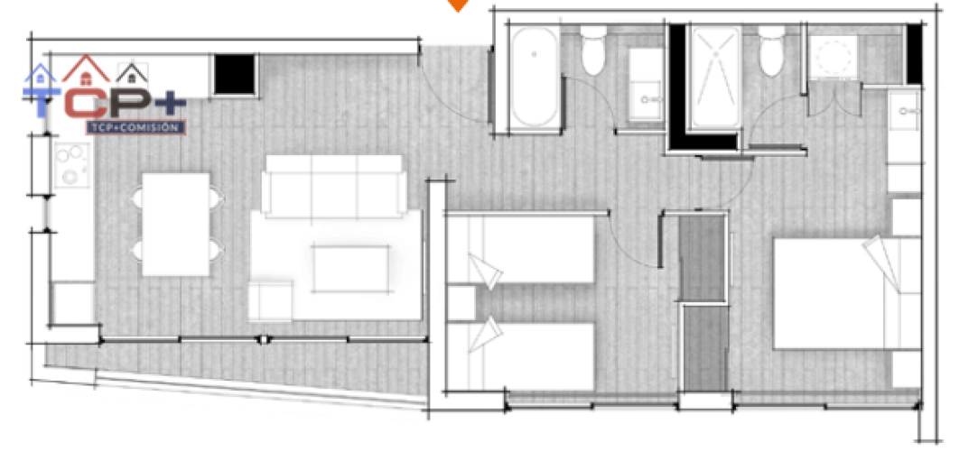 2) Planta Tipo F 2d2b Totales 58,54 m2 Terraza 3,37 m2 Interior 55,17 m2.