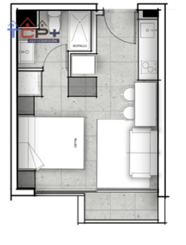 2) Plantas Studio Tipo C2 Totales 23,69 m2 Terrasza 0 m2 Interior 23,69 m2