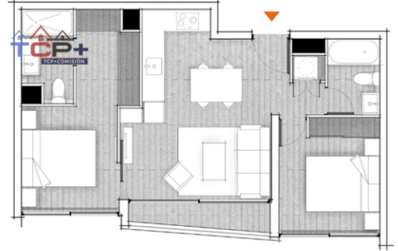 3) Planta Tipo E 2d2b Totales 55,39 m2 Terraza 3,25 m2 Interior 52,14 m2
